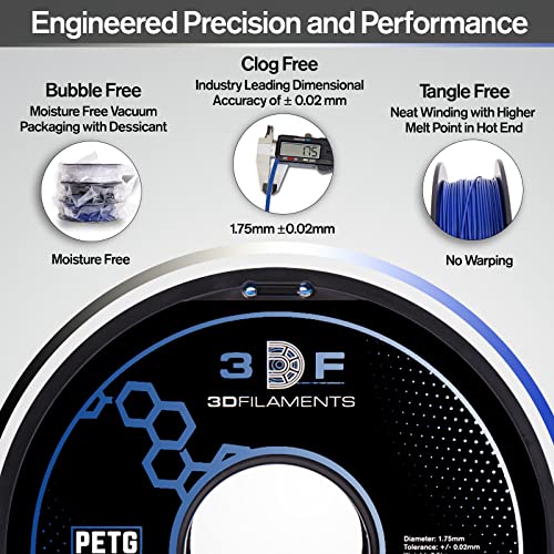 3DF 3D Filamento de impressão - Filamento PETG 1,75mm | Precisão dimensional +/- 0,02mm | 1,5 kg | Pacote de 3 | Pacote branco preto azul