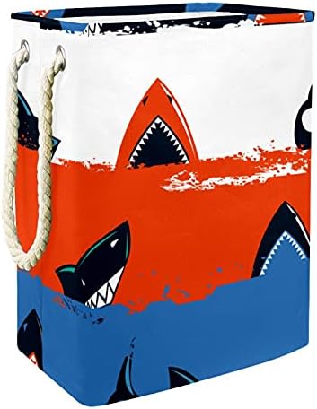 Blue Orange Shark Pattern Sea Mar Grande cesto de roupa com maçaneta de transporte, cesta de lavanderia dobrável à prova