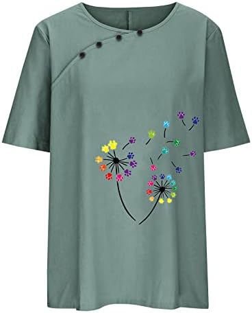 Camisas de linho para mulheres casuais blusas de camponês de verão Botões gráficos de dente -de -leão camisetas