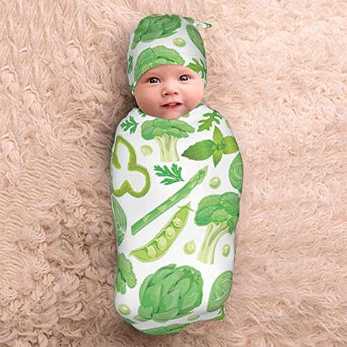 Vegetais verdes saco de casulo bebê, o swaddle simples com conjunto de gorro, cobertor macio e confortável para receber bebês