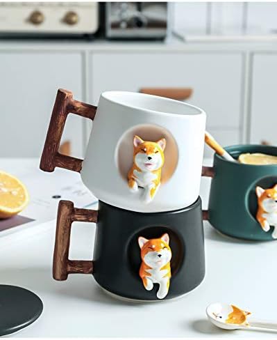 Caneca de café cerâmica e engraçada com colher de tampa - novidade personalizada 3d cachorra de leite de leite xícara de água
