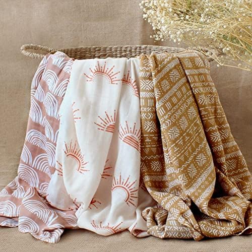 LifeTree 3 Pack Muslin Swaddle Cobertors - Mole Bamboo Cotton Baby Swaddle Cobertors unissex para meninos e meninas recém -nascidas - coleção de cores terrosas, leve, respirável, grande 47 x 47 polegadas