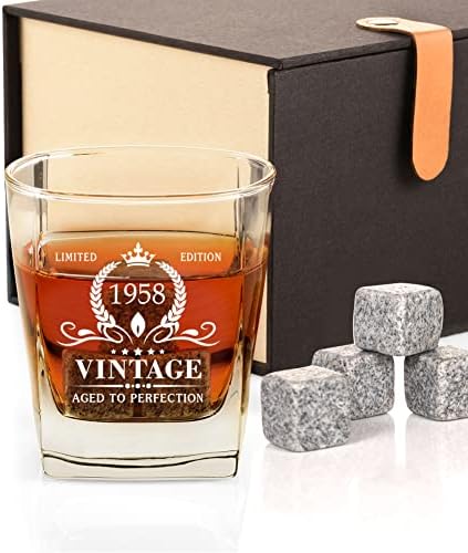 Presentes de aniversário de 65 anos Triwol para homens, Vintage 1958 Whisky Glass and Stones Funny 65 Birthday Presente para pai marido irmão, 65º aniversário Idéias presentes para ele, decorações de 65 anos de idade