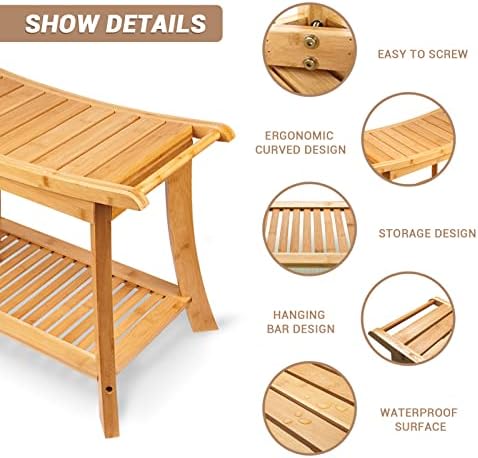 Banco de chuveiro de bambu para chuveiro interno: Gnomiya Wooden Chuvent Banca com alças prateleira de armazenamento para sentar e