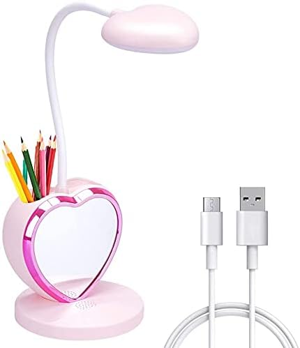 Lâmpada de mesa LED, lâmpada de mesa rosa fofa com porta de carregamento USB/suporte de caneta e suporte para telefone, lâmpada