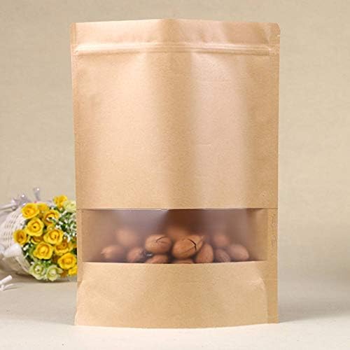 50pcs Kraft Sacos de papel com janela Sacos de armazenamento de alimentos com bloqueio zip de janela Bolsas de papel marrom para biscoitos para café 3,5 × 5.5in