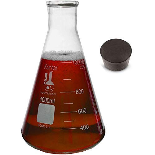 1000 ml de boca estreita Erlenmeyer Flask com rolha de borracha, 3,3 vidro de borossilicato, Karter Scientific