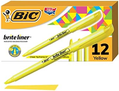 Highlighters Bic Brite Liner, ponta do cinzel, marcadores amarelos, 12 acusações, para destaque amplo ou sublinhado fino