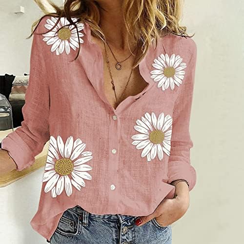 Camisas do botão de linho de algodão de verão feminino, 3/4 de manga casual casual fixo solto lapela vintage tee top blouse