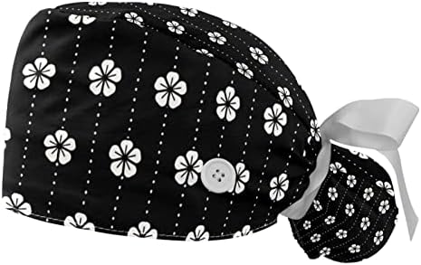 Flores brancas em um boné de trabalho de fundo preto com banda de suor Capéu de capa de cabeça ajustável Bouffant