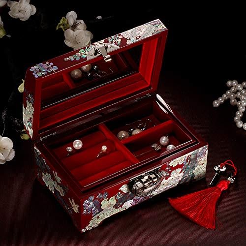 Caixa de joias femininas do YQ WHJB com espelho para casar, capa de joalheria de colar de anel de madeira de madeira, caixa de