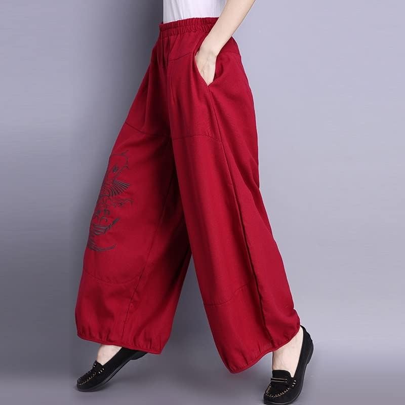 Calças de bordados de algodão e linho feminino estilo chinês casual calças longas soltas Bloomers pernas largas Pantalones vermelhas
