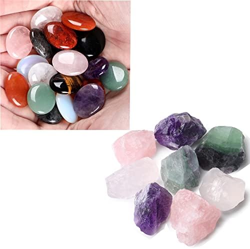 Zhiyuxi 10 PCS Pedras de cristal oval de polegar a granel e 1,5-2,0 Amethyst Rose Quartz Clear Quartz Fluorite Cristais cruas Raw