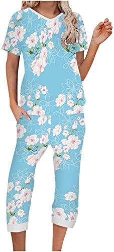 Roupas de 2 peças de chgbmok para mulheres de verão de manga curta Top Top Moda Floral T T com calças cortadas terno de impressão