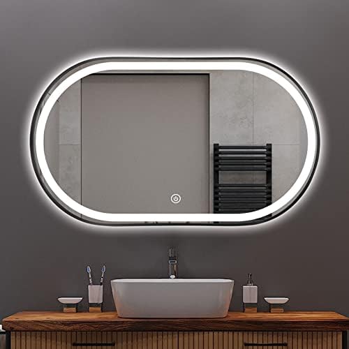 O espelho de LED oval Theiamo para banheiro, espelho de vaidade montado na parede de 40 x24 com moldura de metal, espelho de 3