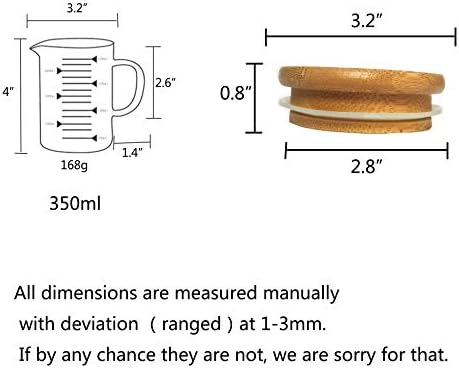 Kinnose caneca de copo graduada com alça e tampa de bambu durável Borossilicato de vidro de vidro multifuncional de medição de medição de 350ml