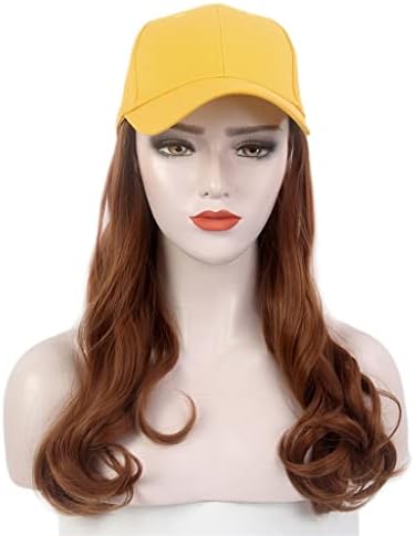 Yfqhdd feminino de moda, bonés de cabelo, chapéus de beisebol amarelos, perucas, perucas marrons longas e encaracoladas, chapéus
