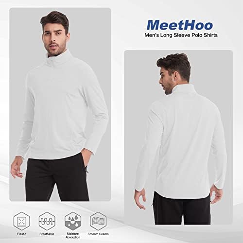 Meethoo Men's Polo camisas 1/4 zip de manga comprida UPF 50+ treino de proteção solar, com tampas de golfe moletom de