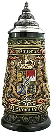 Rei cerveja alemã Stein Bayern Stein 0,4 litro tanque, caneca de cerveja, rústica, colorida, pintada à mão, com tampa de estanho
