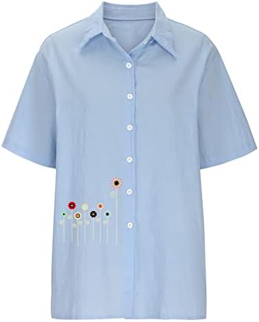 Camisas de linho de algodão feminino Botão de manga curta de verão no topo da camisetas de lapela estampadas de rugas