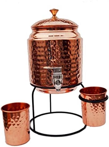 Dispensador de água de cobre internacional de Aakrati 3000ml, vidro de 2pcs 300 ml com suporte, 36 cm de altura, 18 cm de profundidade