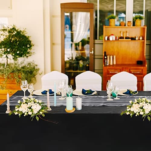 16 Pacote Tampa preta de mesa e corredores Conjunto de 54 x 108 polegadas Talha de mesa descartável preta e uma mesa de mesa de mesa listrada em preto e branco de 12 x 108 polegadas com corredor de mesa com corredor para festa de aniversário de casamento