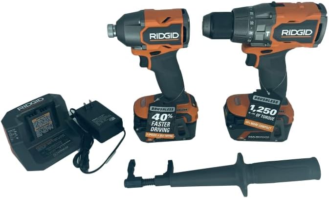 Ridgid 18V Brushless Hammer Drill and Impact Kit com baterias e carregador de saída máxima de 4,0 AH