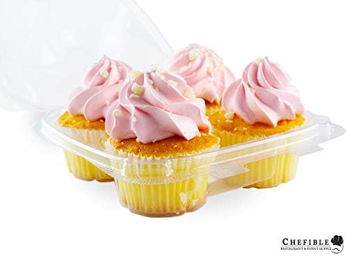 Chefible 4 Cupcake Container - Conjunto de 12 | Caixa de cupcake descartável de quatro cavidades, cúpula alta, resistente