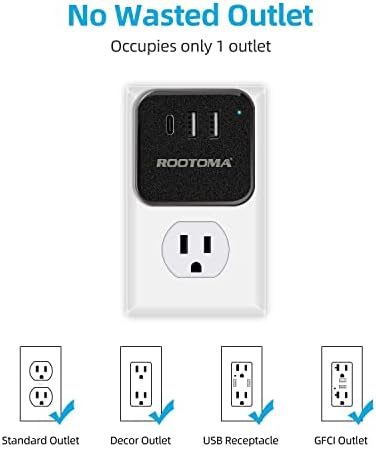 Pacote Rootoma, USB C Multi Plug Outlet Extender com USB, 3 USBs e 3 pontos de venda preto, protetor de pula de