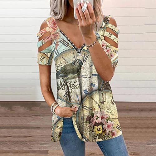 Camise de pescoço de pescoço De profundo garotas fora do ombro de manga curta 2023 zíper de algodão, blusa gráfica floral camiseta