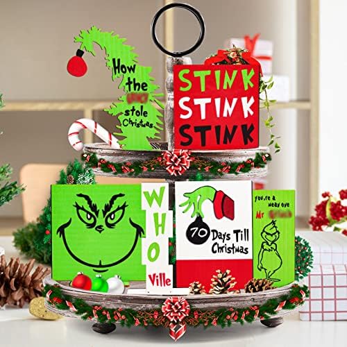 Decorações de Natal Indoor 6pcs Decoração de bandeja em camadas de Natal - Green Big Monster Face, Hands, Christmas Text Decoration