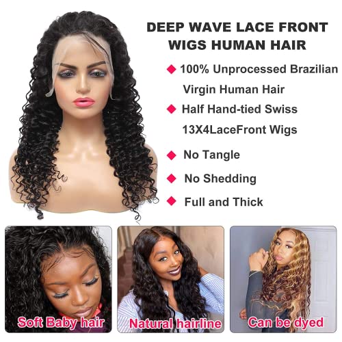 Yueruina Deep Wave Lace Front Wigs Human Human, 10A Grade, 150% Densidade peruca encaracolada profunda para mulheres negras, 13x4 cabelos virgens brasileiros com cabelos de bebê pré -arrancados nós branqueados nós