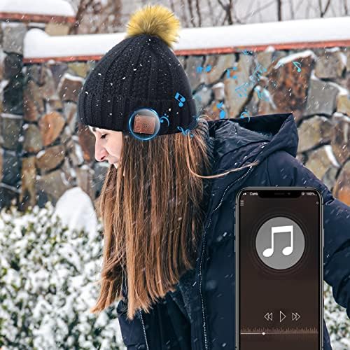 Toque em dois chapéus de gorro Bluetooth com fones de ouvido, gorro de pompom sem fio para mulheres e alto-falantes de girotas,