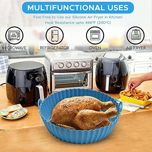 3 Air Fryer Silicone Liners e 3 Acelers Air Fryer - 7,87 polegadas de silicone reutilizável cestas/panelas/forros com luvas de forno, escova e pinças de rejeição e pinças