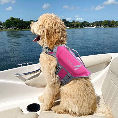 Jaqueta salva-vidas Vivaglory Dog, jaqueta salva-vidas de cachorro de neoprene adequada para a pele e alça de flutuação superior e resgate, rosa, extra pequeno