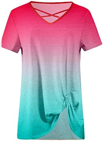 Top de manga curta Ladies Vneck Gradiente colorblock solto encaixe embrulhamento abafado cross cruz bluses tshirts