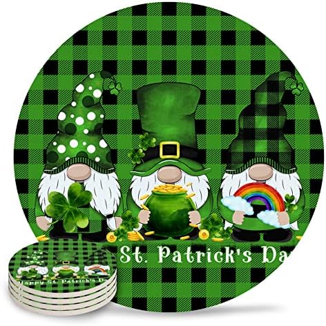 Coasters para bebidas Conjunto de 4, St. Patrick's Day Gnome Shamrock Green Plaid Cerâmica tape
