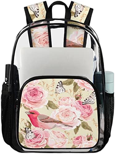 Cfpolar Rose e Birds Pink Clear Backpack Backbag transparente para mulheres para mulheres veem através da mochila de PVC para segurança, trabalho, esportes, estádio