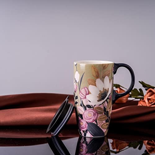Voltogar Creamic Caneca Viagem de café Presente de xícara de café com tampa para casa e escritório, porcelana de 17 onças de porcelana alta xícara de chá com alça, arte branca de flores em colorido, 6,5 h