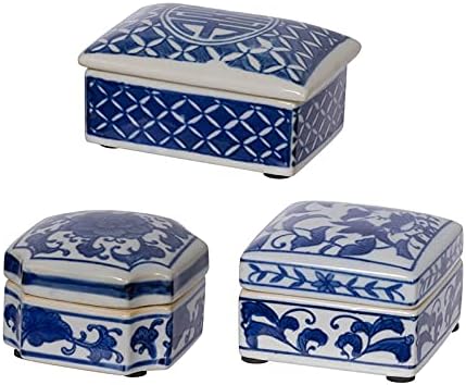 Caixa decorativa de porcelana decorativa de A&B com tampa azul e branco de 3 frascos de cerâmica de cerâmica envidraçada