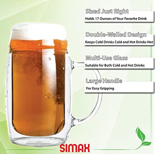 Canecas de cerveja de cerveja Simax para homens: caneca de cerveja de vidro dupla de 17 oz - copos de cerveja congelados - canecas de cerveja e canecas de cerveja - canecas de cerveja com alças - copos de cerveja isolados para homens - canecas de cerveja para freezer