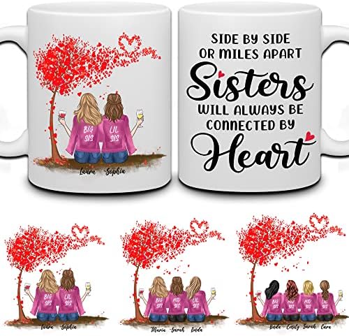 WhidoBe Personalized Sister Caneca, caneca de café com irmãos irmãos com avatares, nomes, citações, presentes de aniversário personalizados para irmãs de irmãs, irmãs sempre serão conectadas por corações