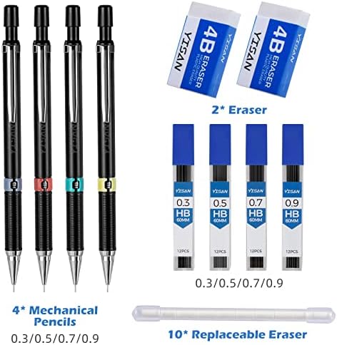 Conjunto de lápis mecânicos de Yisan 0,3 e 0,5 e 0,7 e 0,9 mm, lápis automático, lápis de chumbo 4 PCs com apagas