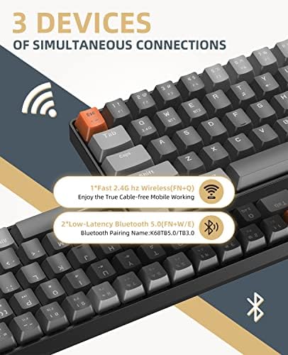 Ziyou Lang RK68 60% do teclado mecânico sem fio, receptor de modo duplo Bluetooth 5.0/2,4 GHz, Mini-chave de 68 itens, com chave vermelha linear, economia de potência para PC PS4 Xbox iPhone iPhone