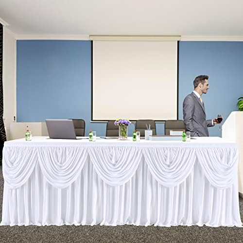Salia de mesa de poliéster branca para mesas de retângulo de 14 pés Tutu Tonela plissada para festas de aniversário para festa de casamento