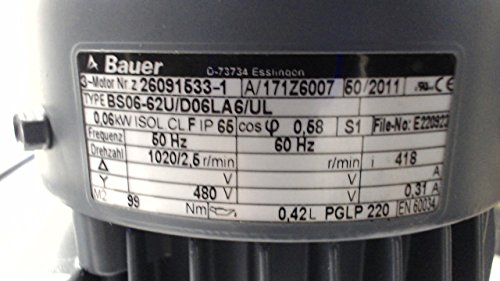 BAUER BS06-62U/D06LA6/UL MOTOR DE ENGRENAGEM 480V 0,31A 50/60HZ BS06-62U/D06LA6/UL