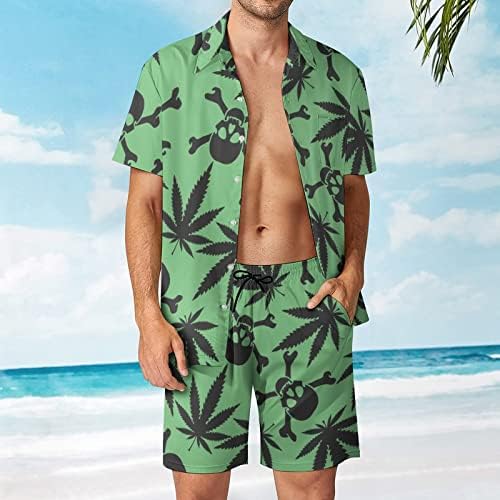 Roupa de ervas daninhas com roupas de 2 peças masculinas para a praia Hawaiian Button Camisa de manga curta e ternos de shorts