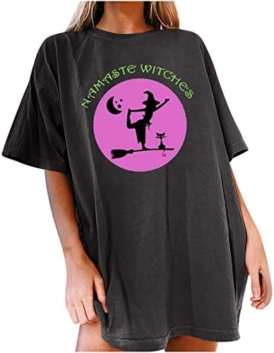 Narhbrg Womens Graphic Tees Halloween camisa vintage de manga curta Cotton Witch and Broom Print Tamts Tops e