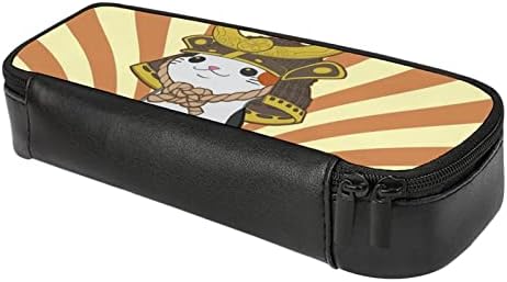 O gato japonês Bobtail usa samurai lápis capa pu de couro de couro de grande capacidade caixa de caneta com bolsa de maquiagem com