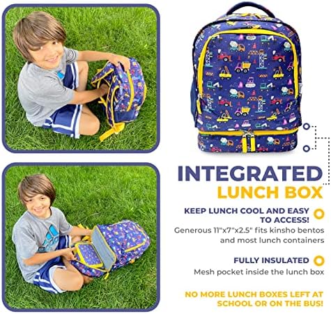 Kinsho Bundle de Bento Lanch Box Kids & Adult With 6 Compartments + Backpack com lancheira para meninos, garoto fofo de 15 ”para crianças do ensino fundamental